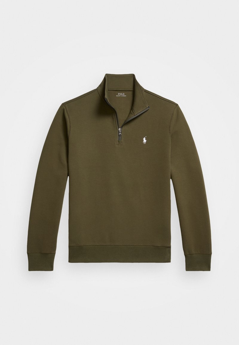 Olivgrüner Zip-Hoodie mit hohem Kragen, gerippten Bündchen und Saum, der ein kleines weißes Polo-Logo auf der linken Brust trägt.