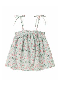 Ljust grönt blommigt linne med justerbara knytband, med en smockad byst och ett mönster av rosa tulpaner och gröna blad.