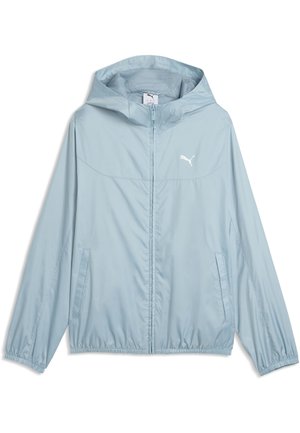 Hellblauer Kapuzen-Windbreaker mit elastischen Bündchen, Frontreißverschluss, Seitentaschen und weißem Puma-Logo auf der Brust.