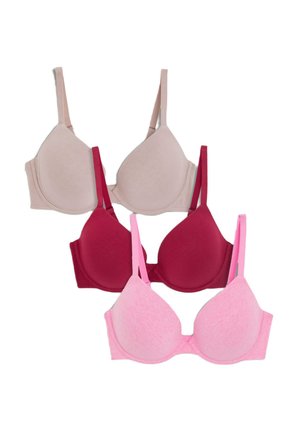 Three bras in varying shades: light beige, deep red, and soft pink. Each has molded cups, adjustable straps, and a smooth texture.