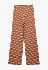 Braun gemusterte weit geschnittene Hosen mit einem weißen Diamantmotiv. Weicher Stoff, elastischer Bund und bodenlanger Schnitt.