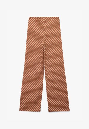 Pantalones de pierna ancha de color marrón con un motivo de diamante en blanco. Tejido suave, cinturilla elástica y diseño de longitud completa.