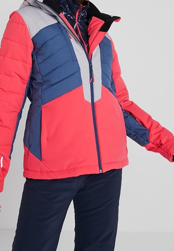 Gepolsterte Jacke mit Color-Blocking-Design in Rot, Marineblau und Grau, mit Reißverschluss und Kapuze. Strukturierter Stoff und elastische Bündchen.