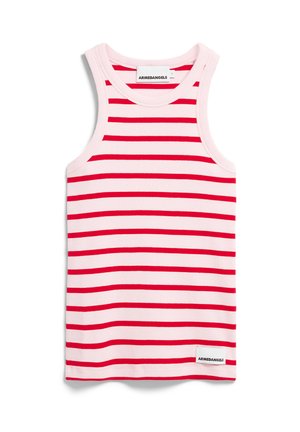 Débardeur rayé avec des bandes horizontales rouges et blanches, texture côtelée, col rond, et une petite étiquette en bas avec "ARMEDANGELS".