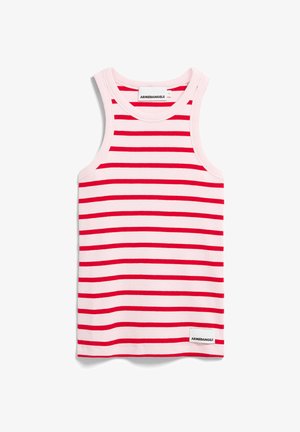 Débardeur rayé avec des bandes horizontales rouges et blanches, texture côtelée, col rond, et une petite étiquette en bas avec "ARMEDANGELS".