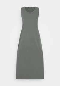 Mouwloze, geribbelde jurk in gedempt grijs. Heeft een ronde halslijn en een aansluitende snit. Glad textuur met een knie-lange snit.