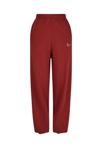 Burgundijas krāsas sporta bikses ar brīvu piegriezumu, elastīgu jostu un baltu logo detaļu kreisajā pusē. Izgatavotas no mīksta, teksturēta auduma.