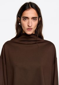 Brązowa bluzka wykonana z miękkiego materiału, z wysokim kołnierzem, luźnym krojem i minimalistycznym designem z delikatnym drapowaniem. Bez wzorów i zdobień.