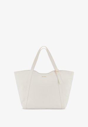 Beige Canvas-Shopper-Tasche mit glatter Textur, weiter Öffnung und doppellagigen Stoffgriffen. Verfügt über ein dezentes Logo und ein minimalistisches Design.
