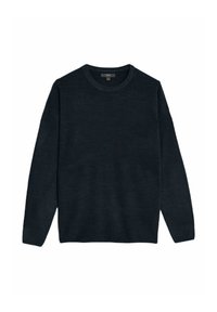 Dunkelblaues Rundhalsoberteil mit langen Ärmeln, aus einem glatten Strickmaterial gefertigt. Verfügt über ein einfaches, unverschöntes Design und einen gerippten Saum.