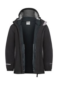 Giacca nera impermeabile con fodera in pile, chiusura a zip completa, polsini regolabili e cappuccio. Presenta dettagli riflettenti e tasche laterali.