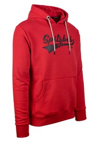 Rode hoodie met trekkoord en zwarte bedrukking. Voorzien van een voorzak en ribgebreide manchetten en onderkant. Zachte textuur, casual ontwerp.