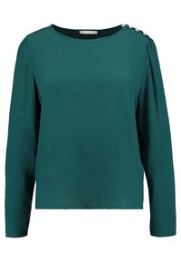 Tyrkysový top s dlouhým rukávem a kulatým výstřihem, zdobený knoflíky na rameni, vyrobený z hladkého a splývavého materiálu.