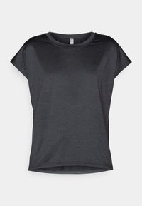 T-shirt a maniche corte, di colore grigio scuro, con scollatura rotonda, realizzato in tessuto leggero, caratterizzato da una texture morbida e una vestibilità rilassata.