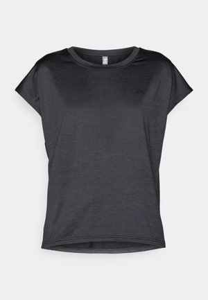 Short-sleeve, dark gray T-shirt with a round neckline, made from lightweight fabric, featuring a smooth texture and a relaxed fit.
