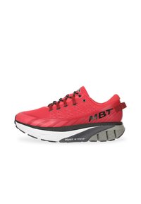 Red athletic shoe with a mesh upper, black laces, and gray sole. Features include a cushioned midsole and the "MBT" logo on the side.
