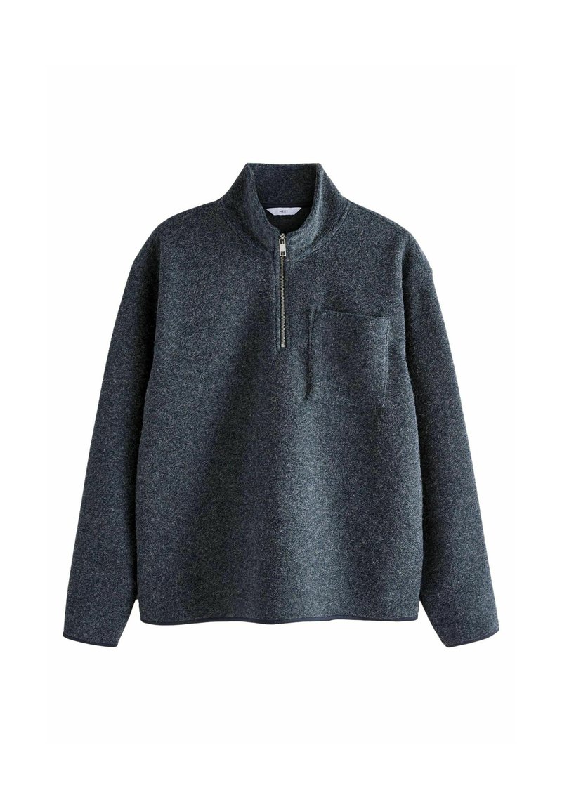 Pull gris foncé en tissu texturé. Présente un col à demi-zip et une poche poitrine avant. Manches et ourlet droit.