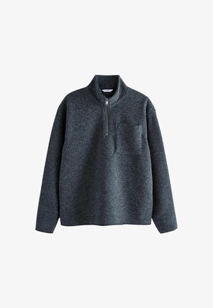 Tumed hall pullover-jumper, mis on valmistatud tekstuursest kangast. Sellel on kõrgendatud krae, pooltõmblukk ja väike eesmine tasku.