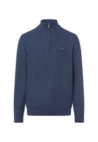Dunkelblaues Strickpullover mit hohem Kragen und Viertelreißverschluss. Verfügt über gerippte Bündchen und Saum, strukturierter Stoff und ein dezentes Logo auf der Brust.