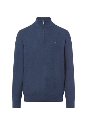 Dunkelblaues Strickpullover mit hohem Kragen und Viertelreißverschluss. Verfügt über gerippte Bündchen und Saum, strukturierter Stoff und ein dezentes Logo auf der Brust.