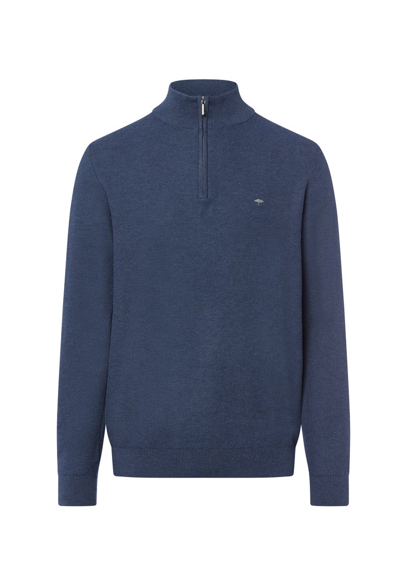 Dunkelblaues Strickpullover mit hohem Kragen und Viertelreißverschluss. Verfügt über gerippte Bündchen und Saum, strukturierter Stoff und ein dezentes Logo auf der Brust.