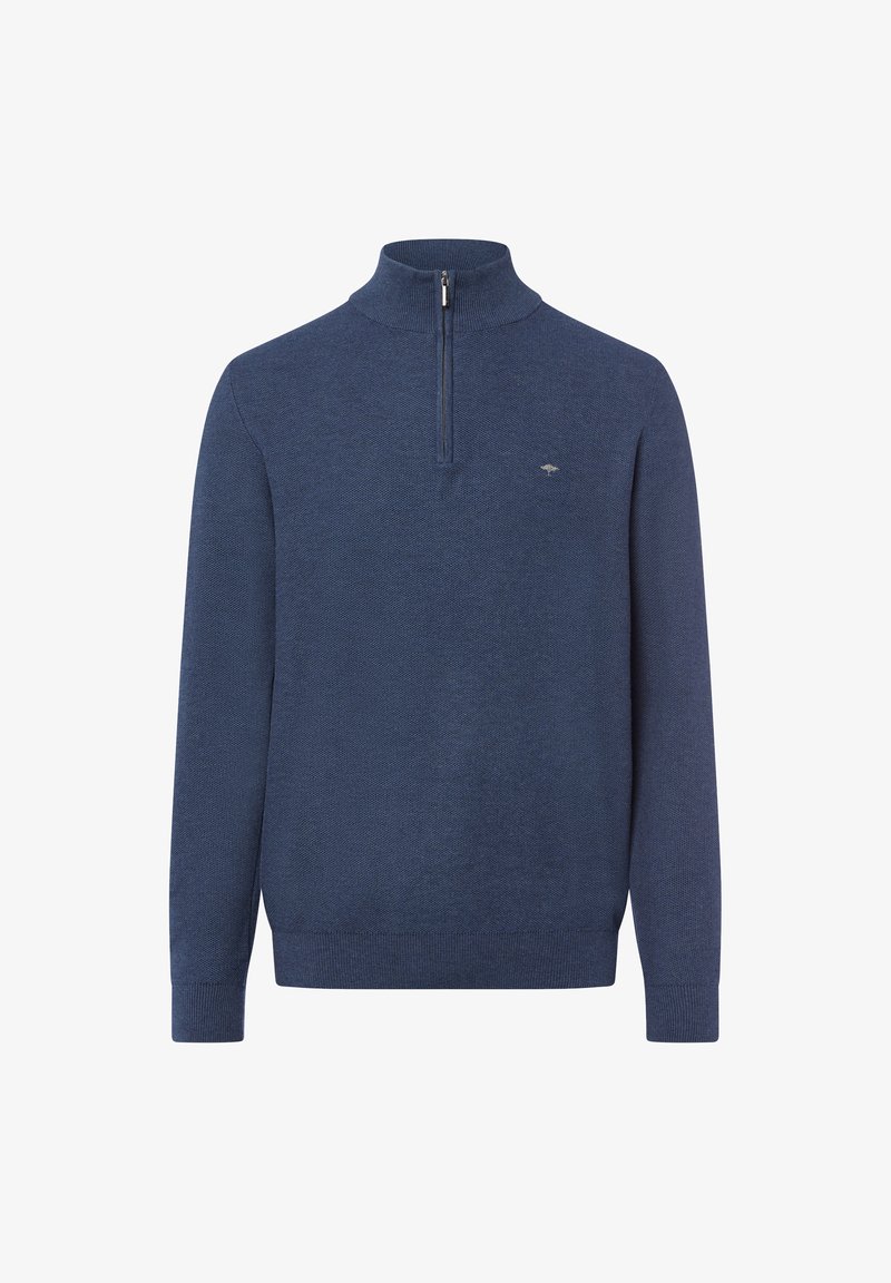 Dunkelblaues Strickpullover mit hohem Kragen und Viertelreißverschluss. Verfügt über gerippte Bündchen und Saum, strukturierter Stoff und ein dezentes Logo auf der Brust.