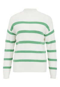 Pull en maille blanche avec des rayures horizontales vertes et un col montant, présenté sur un fond uni.