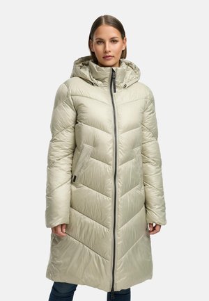 Hellgrüne Daunenjacke mit Kapuze, im Chevron-Design, mit durchgehendem Reißverschluss und Seitentaschen. Glatte, glänzende Oberfläche.