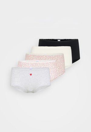 Set of five women's hipster briefs in gray, black, cream, and patterned with red hearts; cotton material, elastic waistbands, soft texture.