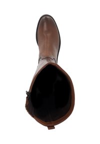 Brown leather knee-high boot with a smooth finish, rounded toe, and textured interior. Exterior features subtle stitching and side zipper.