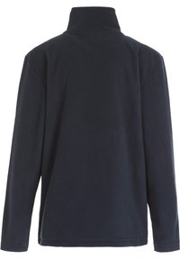 Navy fleece pullover met een hoge kraag, lange mouwen en een zachte textuur. Beschikt over een eenvoudig en strak ontwerp. Geen zichtbare sluitingen of patronen.