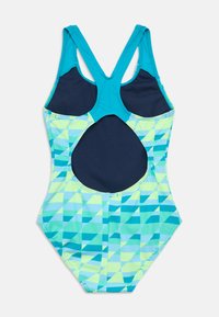 Ολόσωμο μαγιό με μείγμα ανοιχτού και σκούρου τιρκουάζ χρώματος. Διαθέτει γεωμετρικό μοτίβο σε ανοιχτό μπλε και κίτρινο-πράσινο, και σχεδιασμό με σταυρωτή πλάτη.