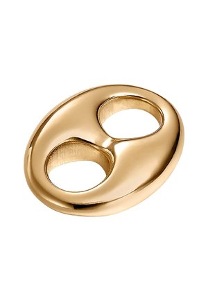 Accesorio de metal en tono dorado, forma ovalada con dos aberturas circulares, textura suave, acabado reflectante y diseño sin costuras ni adornos.