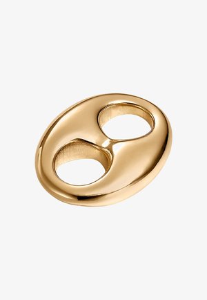 Accesorio de metal en tono dorado, forma ovalada con dos aberturas circulares, textura suave, acabado reflectante y diseño sin costuras ni adornos.