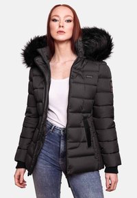 Black puffer jacket with a faux fur hood, zip closure, ribbed cuffs, and side pockets. Features a quilted design and textured finish.