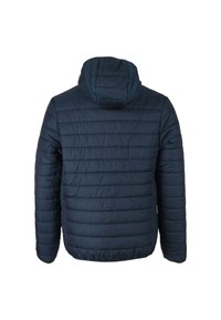 Giubbotto puffer blu navy con cappuccio, caratterizzato da un design trapuntato e cuciture visibili. Texture morbida e liscia con una finitura leggermente lucida.