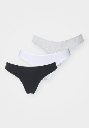 Drei Paare Thong-Unterwäsche in Schwarz, Weiß und Grau. Hergestellt aus dehnbarem Stoff mit schmalen Bündchen und minimalistischem Design für wenig Deckkraft.