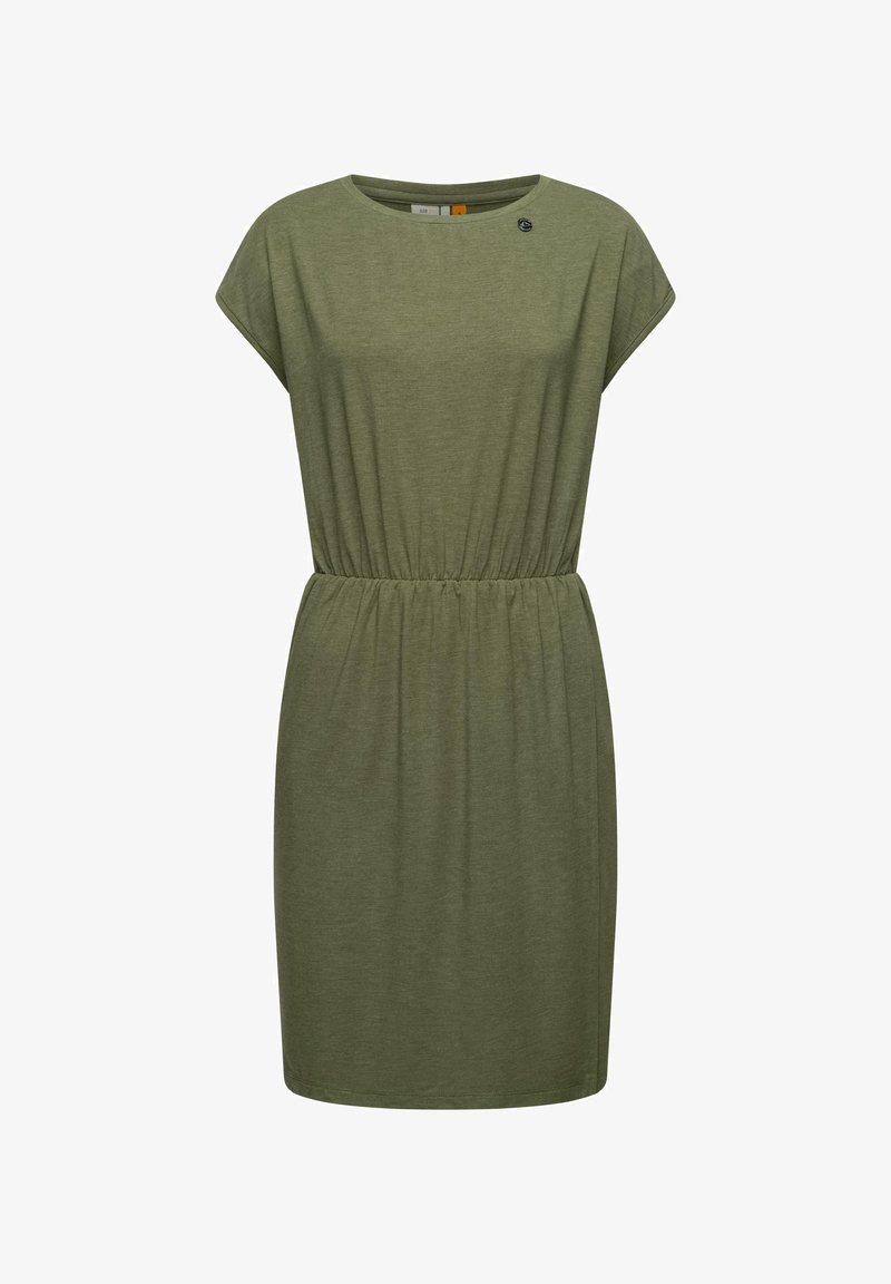 Olivgrön klänning med kort ärm och elastisk midja. Tillverkad av mjukt tyg, har en enkel rund halsringning och en dekorativ knapp.