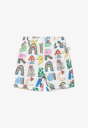 Dziecięce szorty z białej bawełny, z żywym wzorem tęczy, gwiazd, grzybów oraz liter w różnych kolorach. Wbudowany regulowany pas.