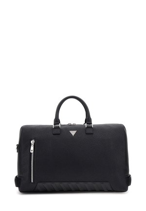 Borsa in pelle nera con finitura testurizzata, forma rettangolare, manici superiori, tasca anteriore con cerniera e dettaglio logo triangolare. Il fondo presenta un motivo a strisce.