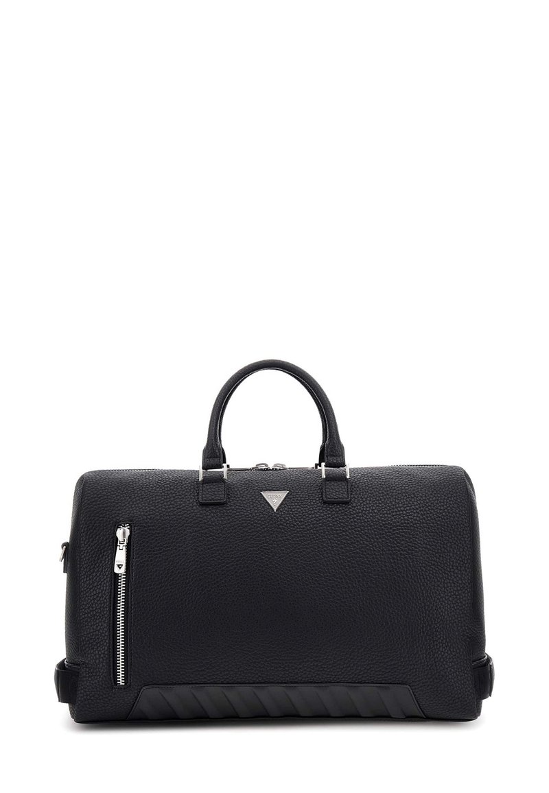 Borsa in pelle nera con finitura testurizzata, forma rettangolare, manici superiori, tasca anteriore con cerniera e dettaglio logo triangolare. Il fondo presenta un motivo a strisce.