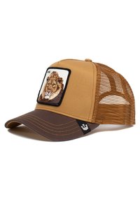 Brown cap with mesh back, featuring a lion embroidery on front patch. Curved brim with contrasting dark brown underside and stitching details.