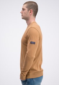 Brązowa bluza z długim rękawem, okrągłym dekoltem, ściągaczami przy mankietach i na dole. Na lewej rękawicy znajduje się niebieska naszywka z logo.