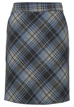 Falda de cuadros en tonos de azul, gris y negro. Confeccionada con una tela texturizada, con cintura ajustada y corte hasta la rodilla. Presenta un patrón clásico de tartán.