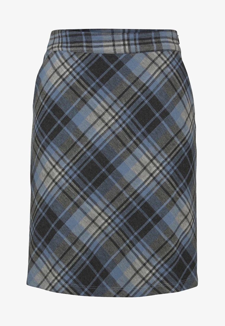 Jupe à carreaux dans des tons de bleu, gris et noir. Fabriquée dans un tissu texturé avec une taille ajustée et une coupe longueur genou. Présente un motif écossais classique.