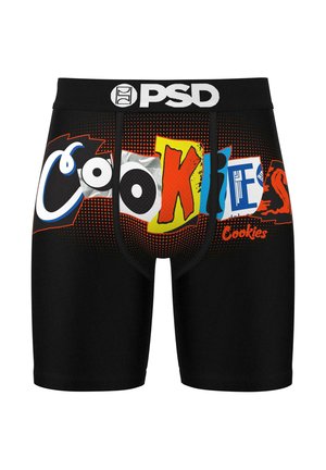 Sorte boxerre med fargerik "Cookies" merkevare i varierte skrifttyper på forsiden, med en glattekstur og elastisk midjebånd.