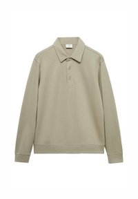 Oliwkowa koszulka polo z długim rękawem, wykonana z miękkiego materiału, z płaskim kołnierzykiem, zapięciem na dwa guziki oraz ściągaczami przy rękawach i u dołu.