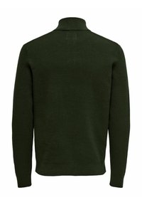 Dark green, ribbed sweater with a high collar and long sleeves. Features a solid design with a smooth texture and a fitted silhouette.