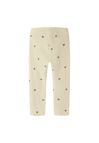 Homokszínű kisgyermek leggings, szürke kicsi szívek mintával, gumis derékkal, hátulról mutatva.
