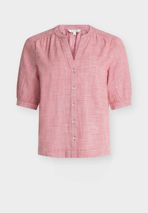 Blusa a maniche corte a quadretti piccoli rosa e bianchi, con scollo rotondo, davanti con bottoni e dettagli arricciati su maniche e spalle.